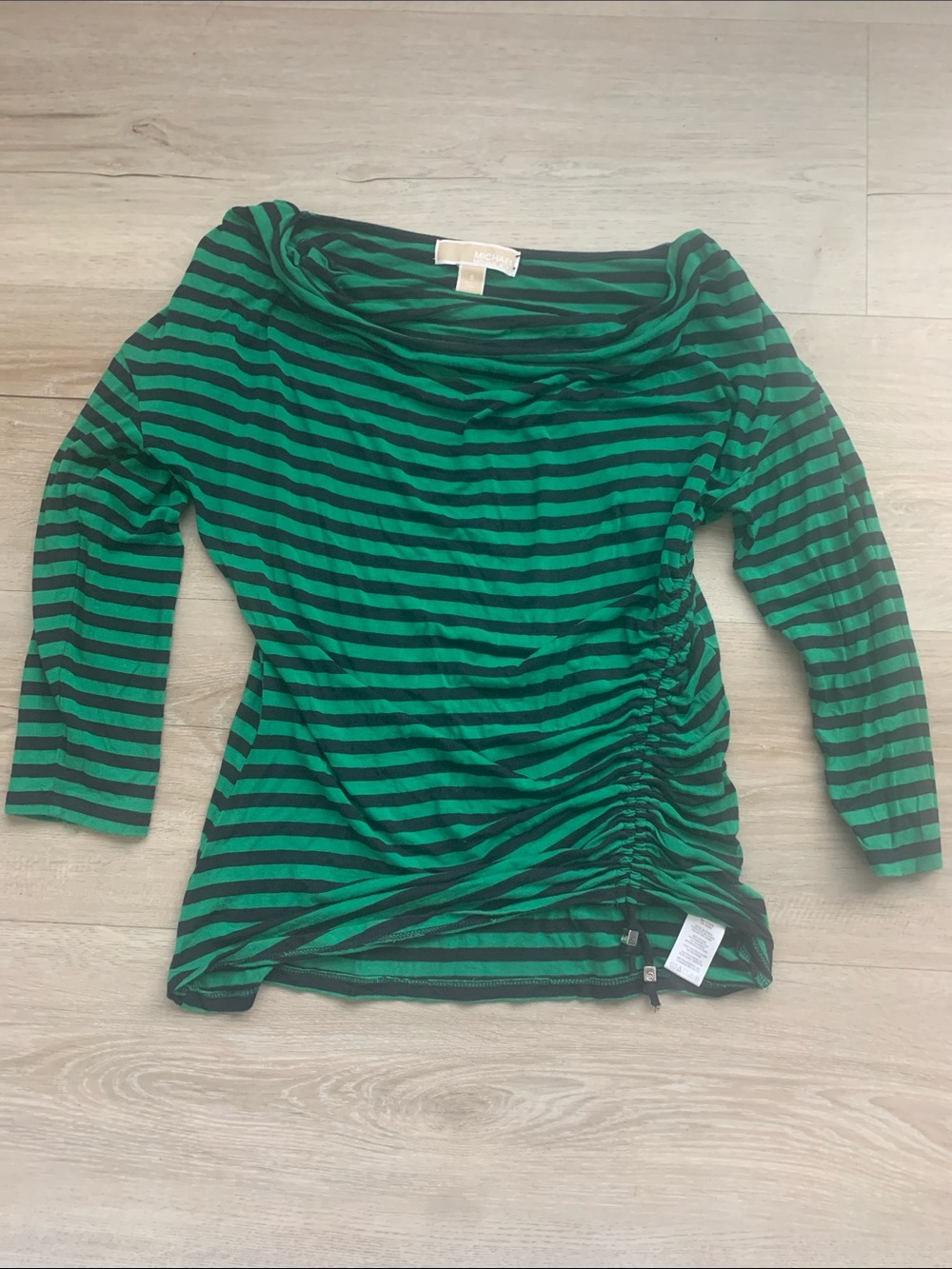 Michael Kors Green and Black Striped Ruched Long Sleeve Top